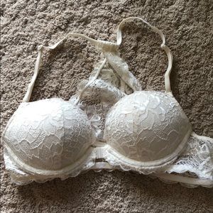 pink lace racer back front close bra